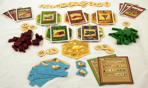 Componentes del juego de mesas Los Colonos de Catán